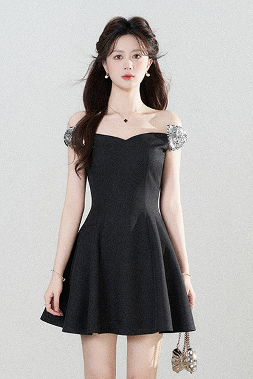 Black Off-Shoulder Cinched Waist Dress