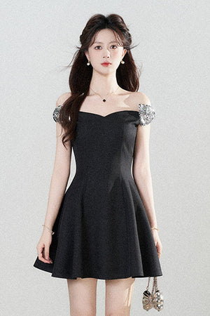 Black Off-Shoulder Cinched Waist Dress
