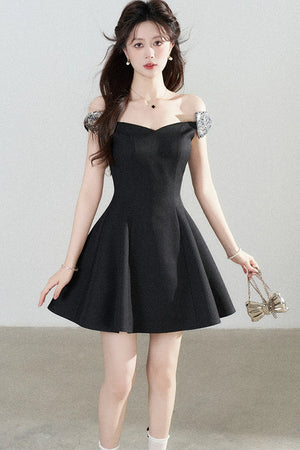 Black Off-Shoulder Cinched Waist Dress