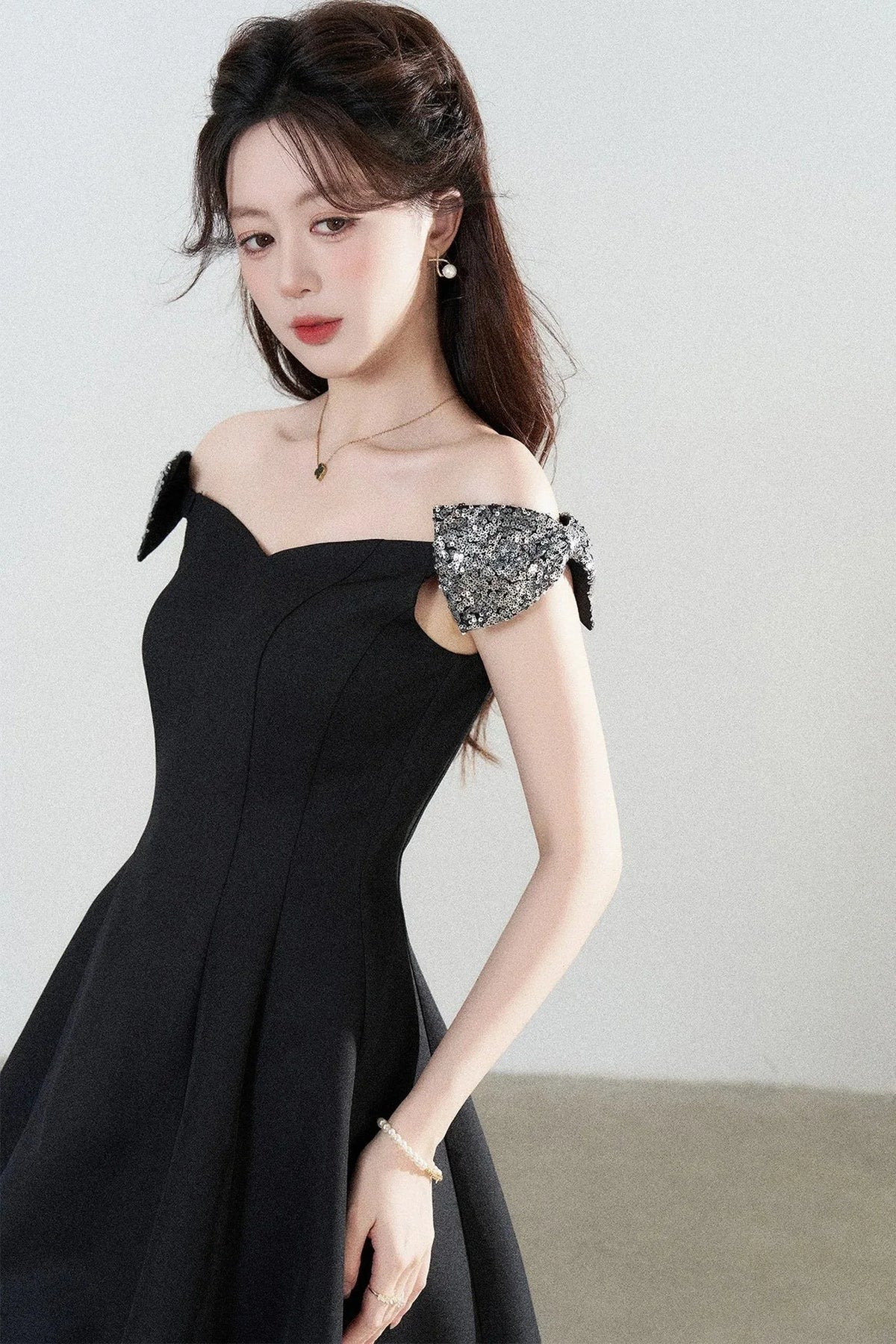 Black Off-Shoulder Cinched Waist Dress