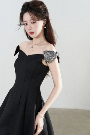 Black Off-Shoulder Cinched Waist Dress