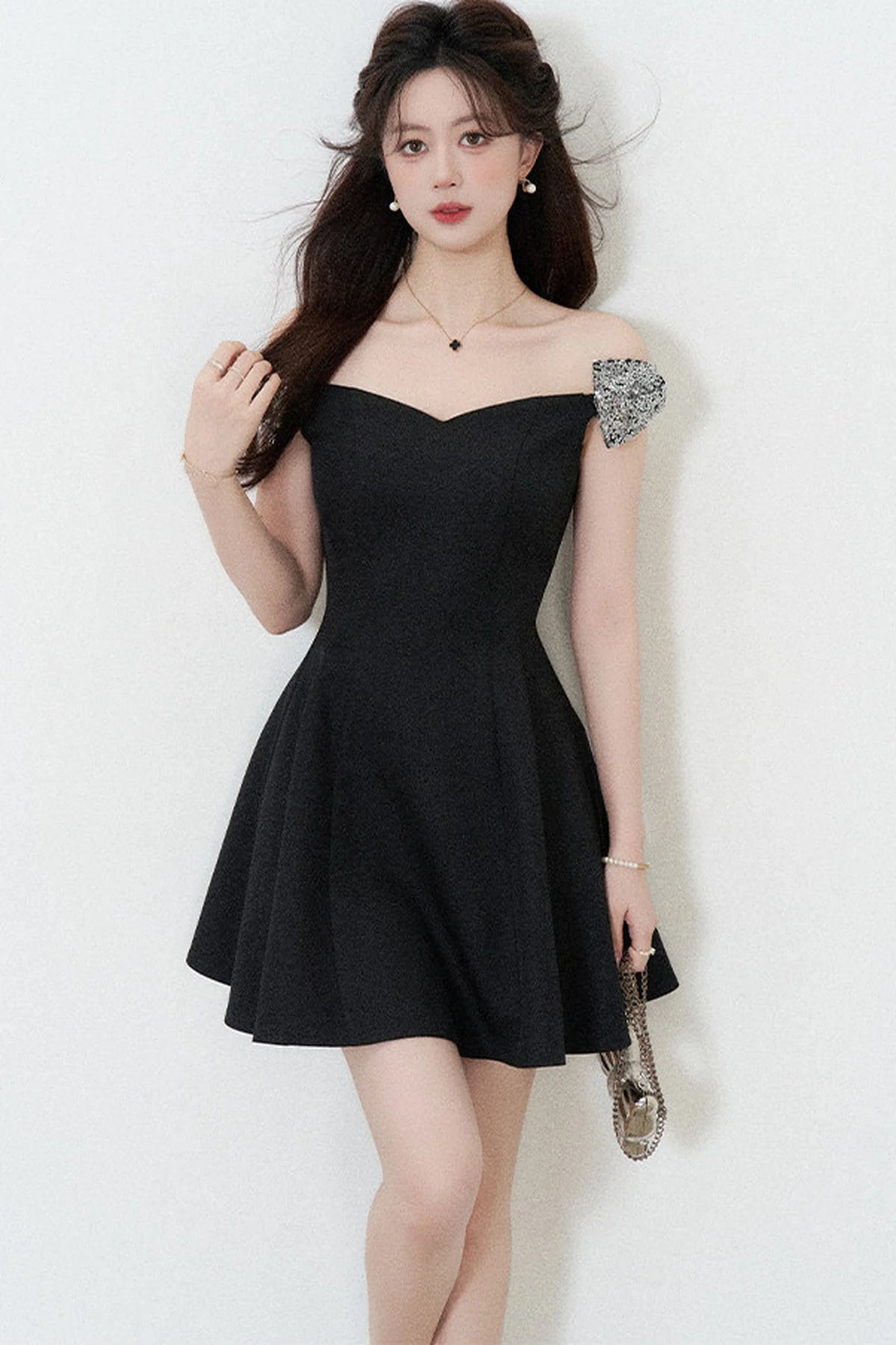Black Off-Shoulder Cinched Waist Dress