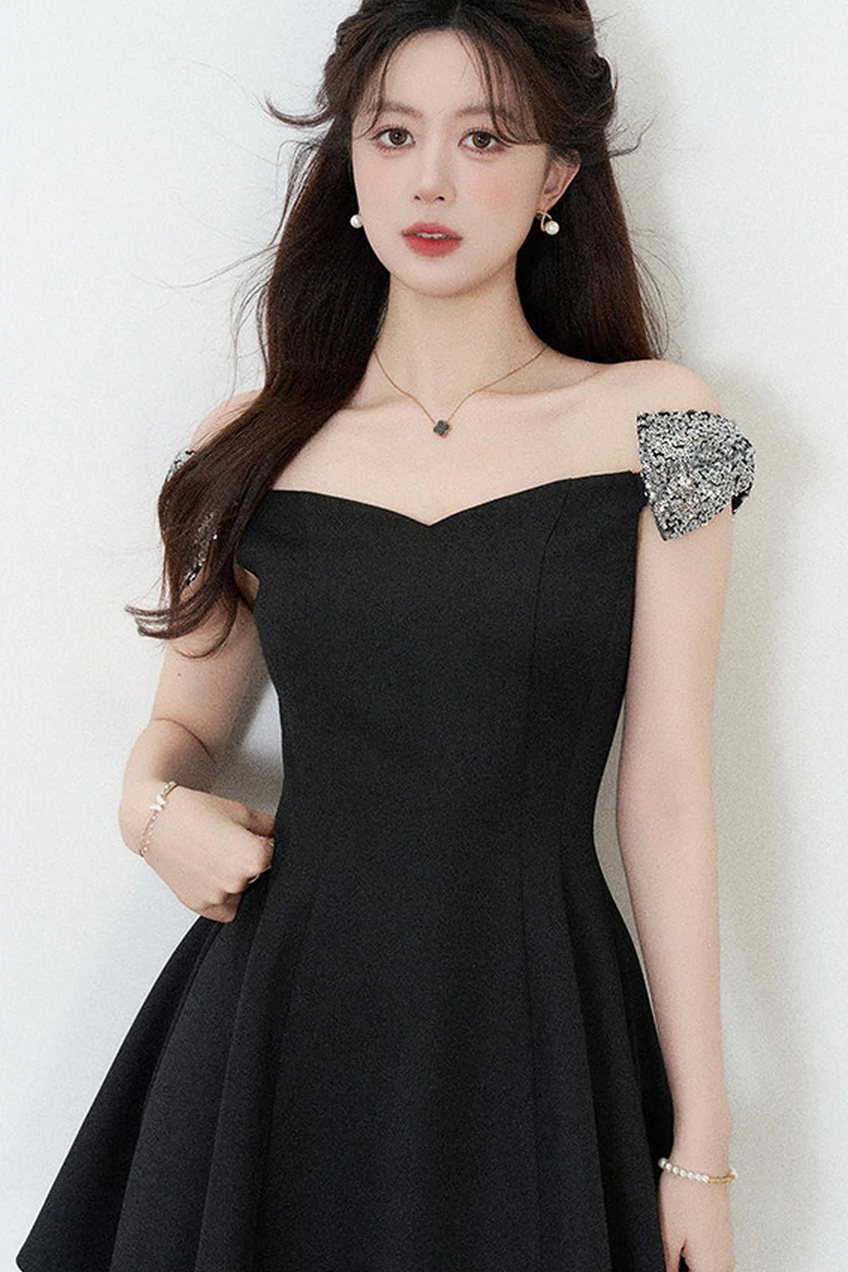 Black Off-Shoulder Cinched Waist Dress