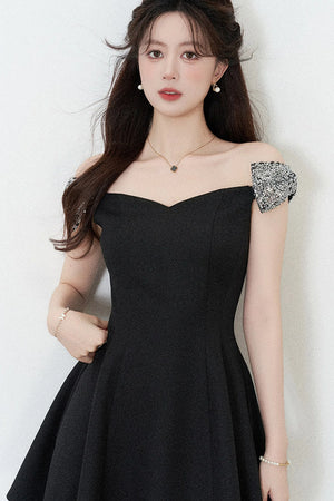 Black Off-Shoulder Cinched Waist Dress