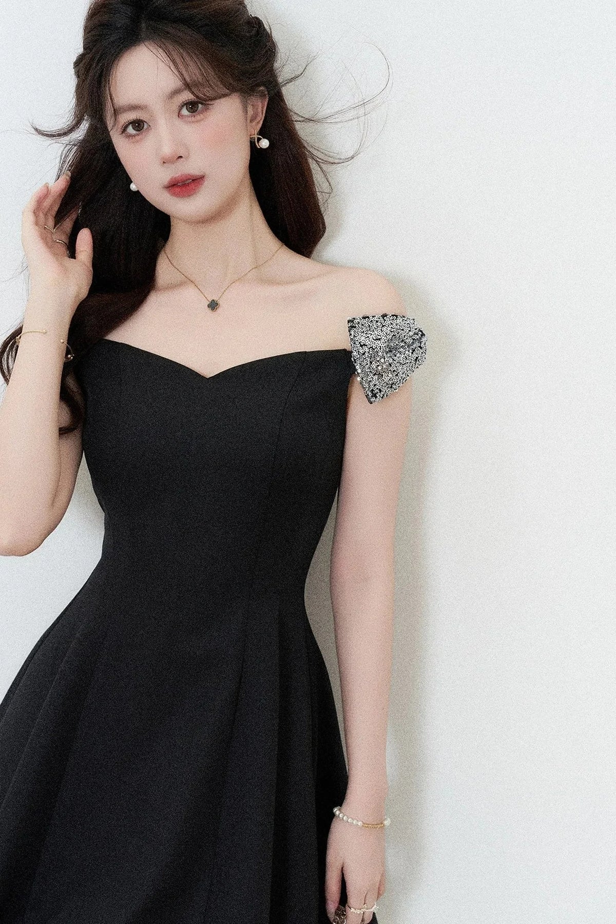 Black Off-Shoulder Cinched Waist Dress