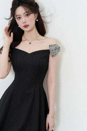 Black Off-Shoulder Cinched Waist Dress