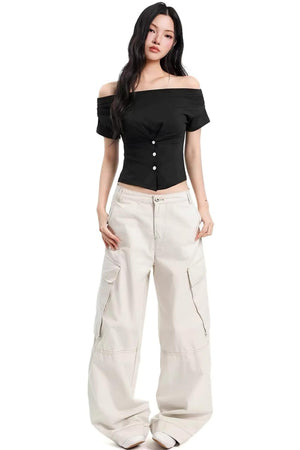 Black Off-Shoulder Fitted Top