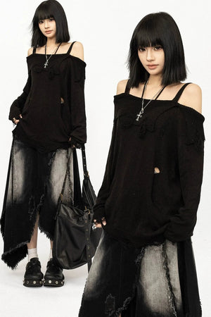 Black Off-Shoulder Knit Blouse