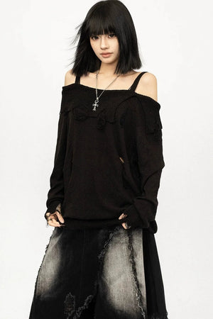 Black Off-Shoulder Knit Blouse