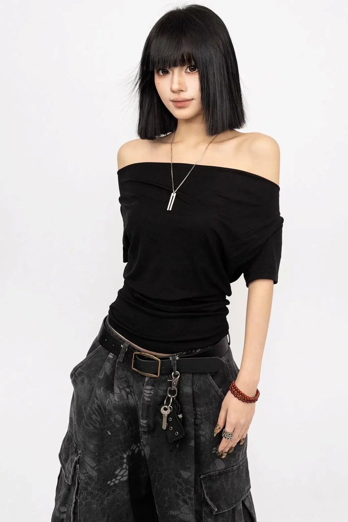 Black Off-Shoulder Slimming Top
