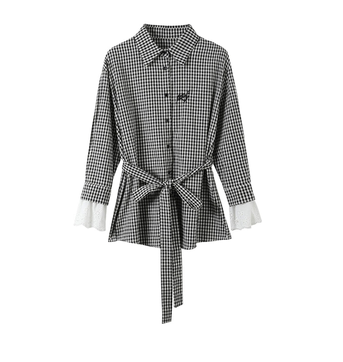 Black Plaid Lace Shirt White Long Skirt Set-Up