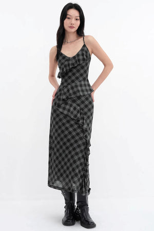 Black Plaid Mesh Halter Dress