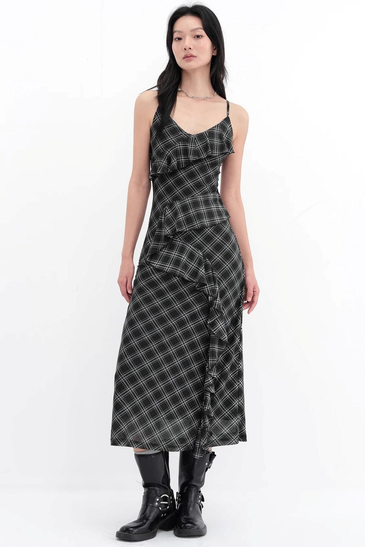 Black Plaid Mesh Halter Dress