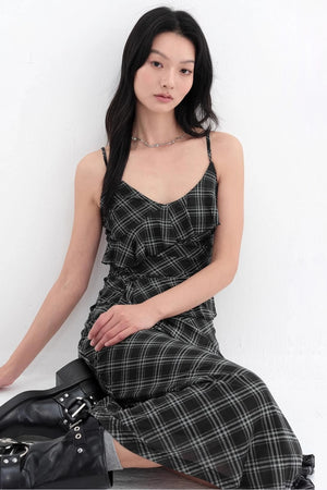 Black Plaid Mesh Halter Dress