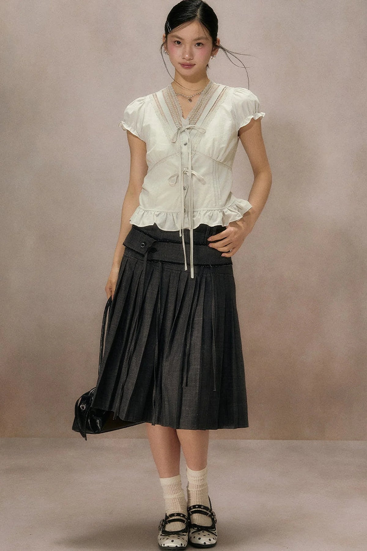 Black Plaid Ruffled Blouse