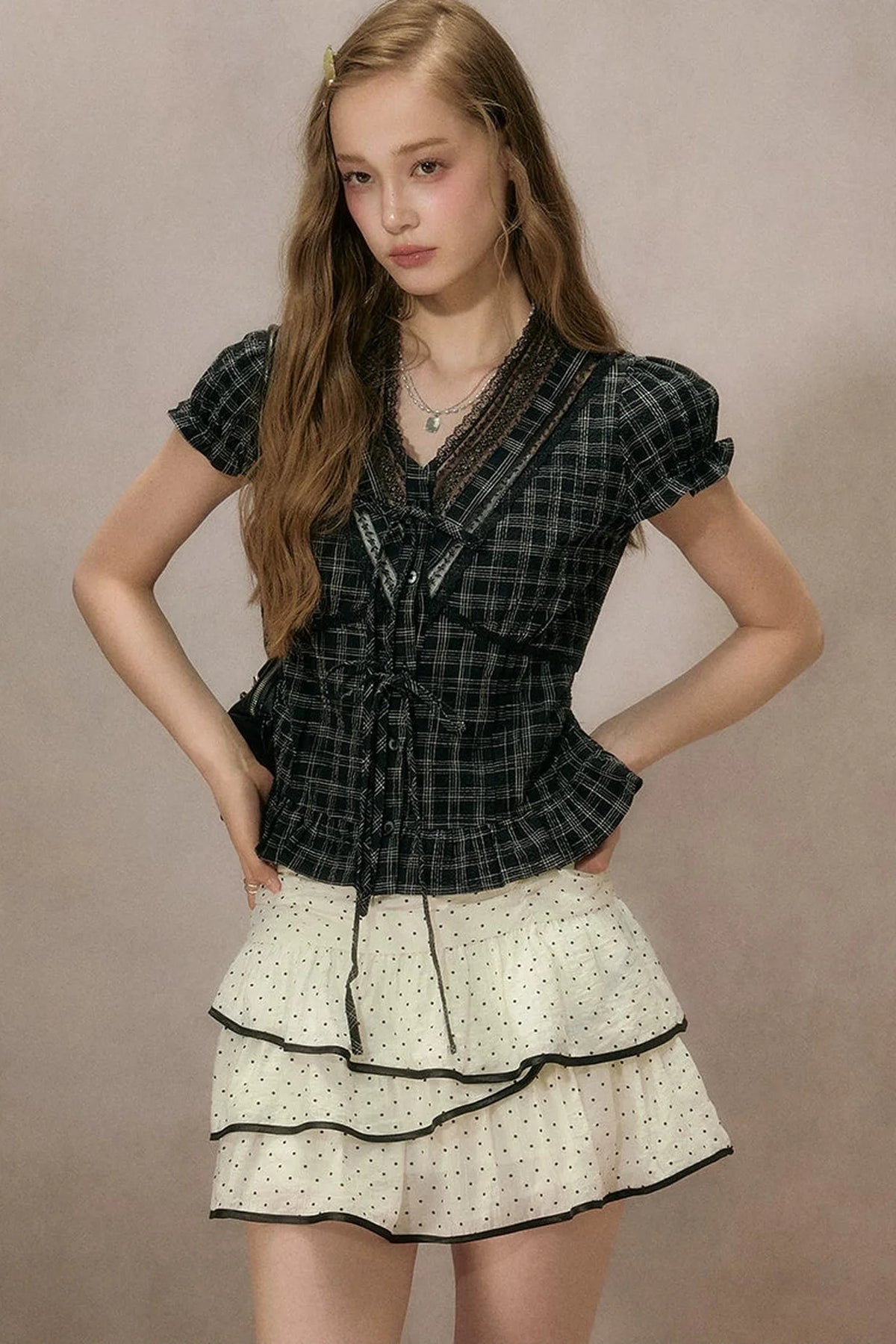 Black Plaid Ruffled Blouse