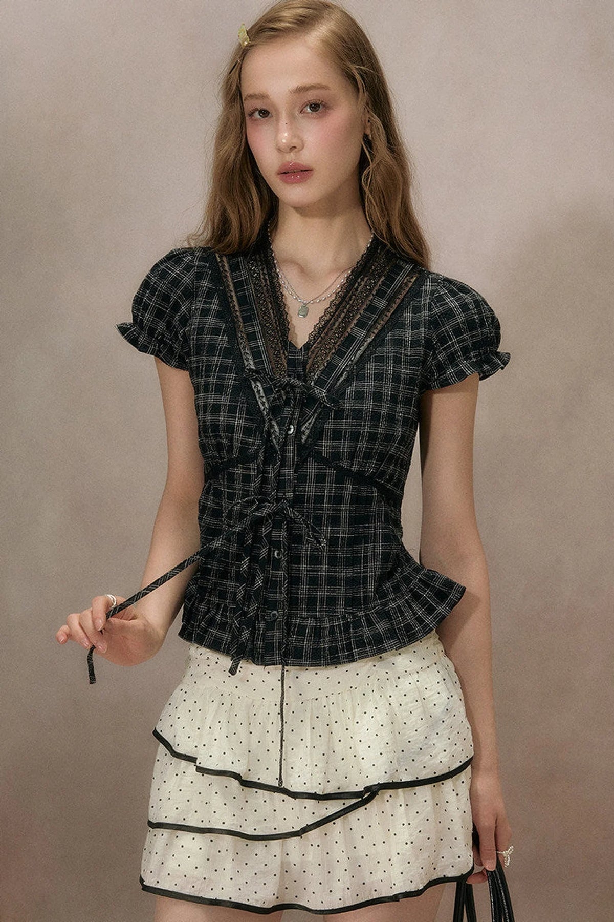 Black Plaid Ruffled Blouse