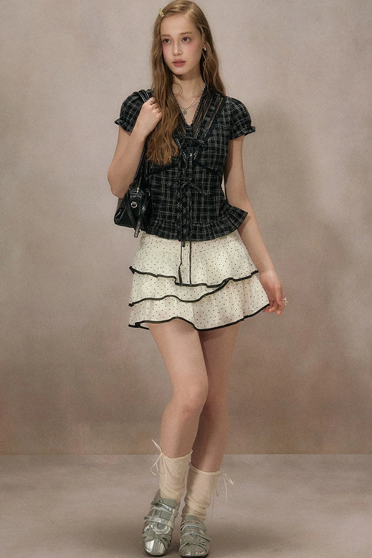Black Plaid Ruffled Blouse
