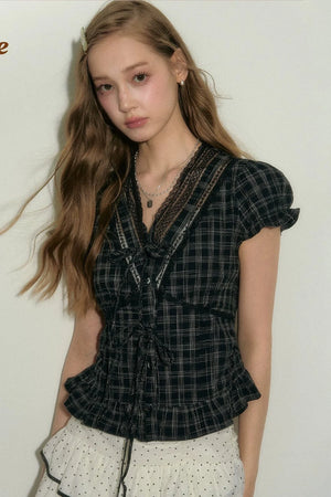 Black Plaid Ruffled Blouse