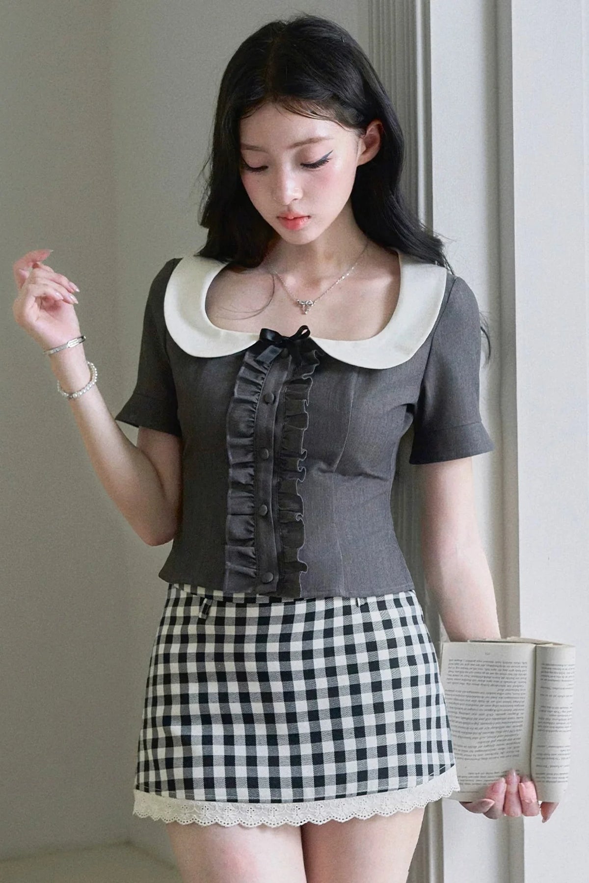 Black Plaid Ruffled Doll Collar Set-Up