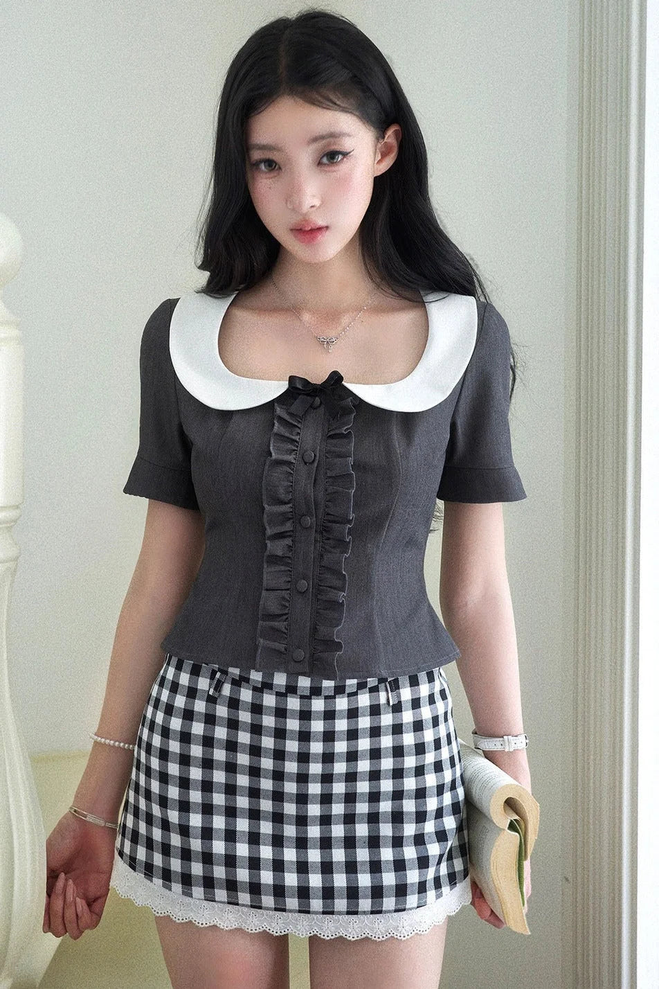 Black Plaid Ruffled Doll Collar Set-Up