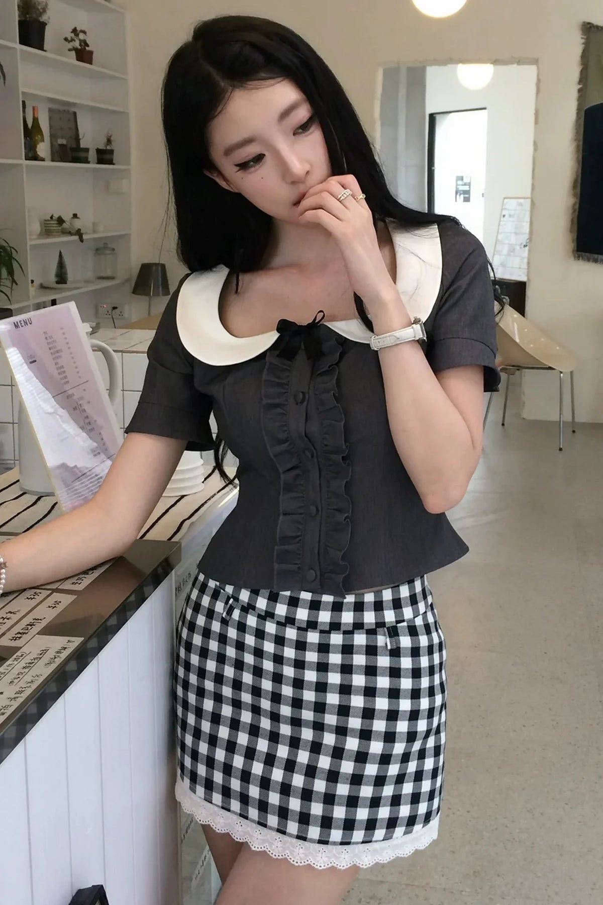 Black Plaid Ruffled Doll Collar Set-Up