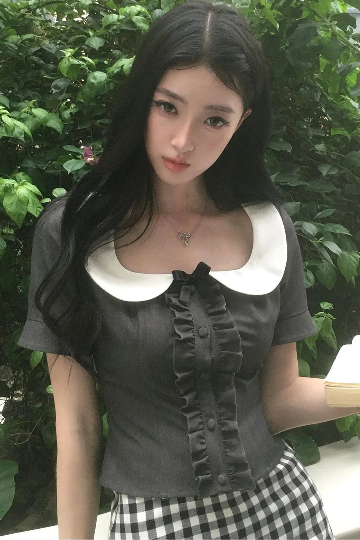 Black Plaid Ruffled Doll Collar Set-Up