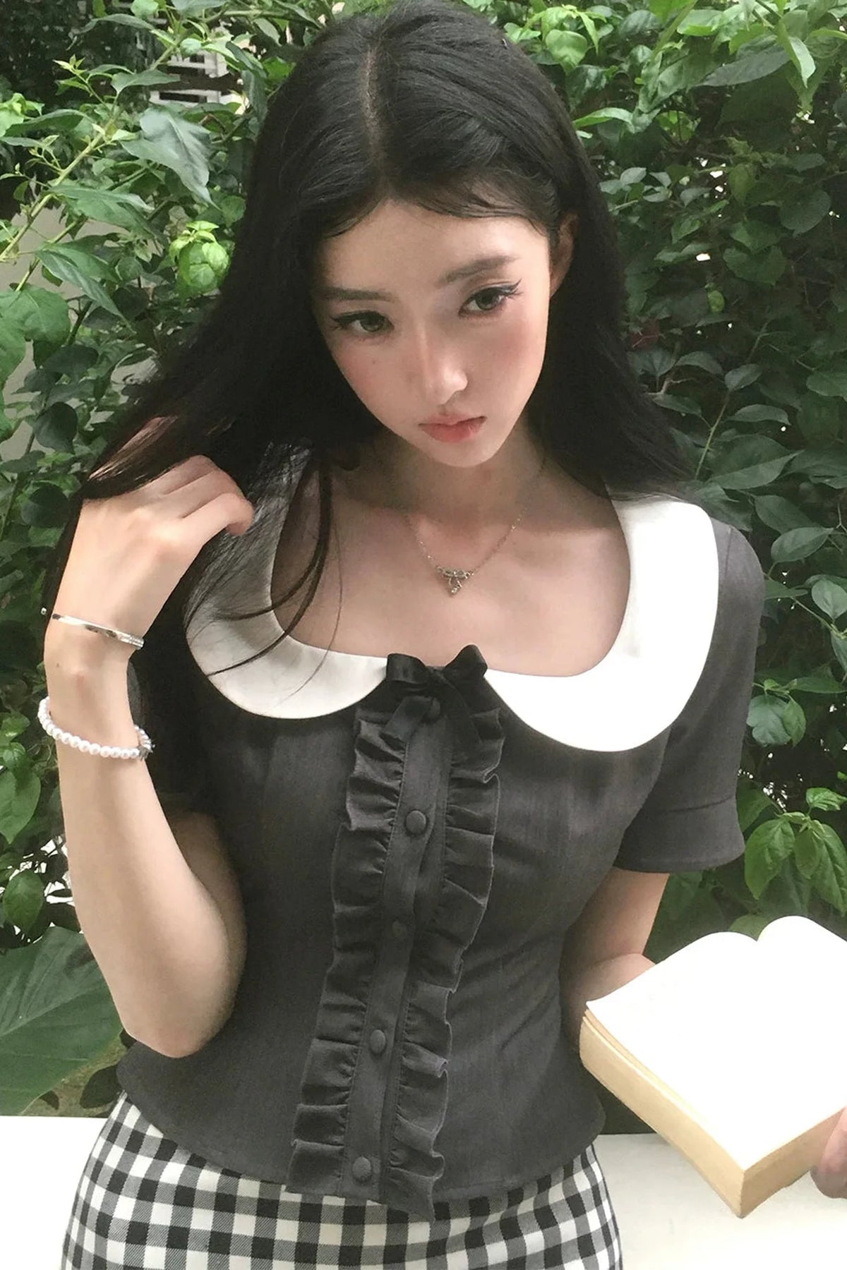 Black Plaid Ruffled Doll Collar Set-Up