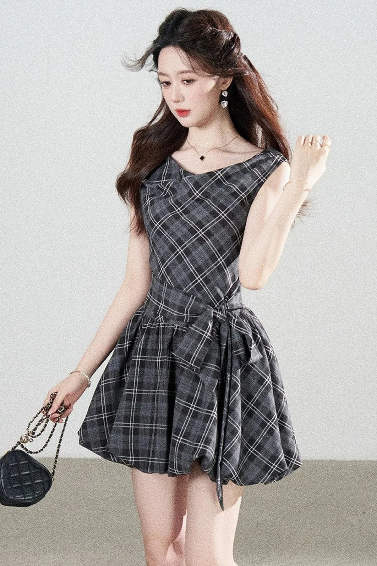 Black Plaid Sleeveless Bow Petal Hem Dress