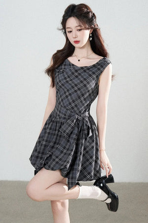 Black Plaid Sleeveless Bow Petal Hem Dress