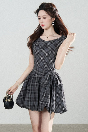Black Plaid Sleeveless Bow Petal Hem Dress