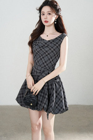 Black Plaid Sleeveless Bow Petal Hem Dress