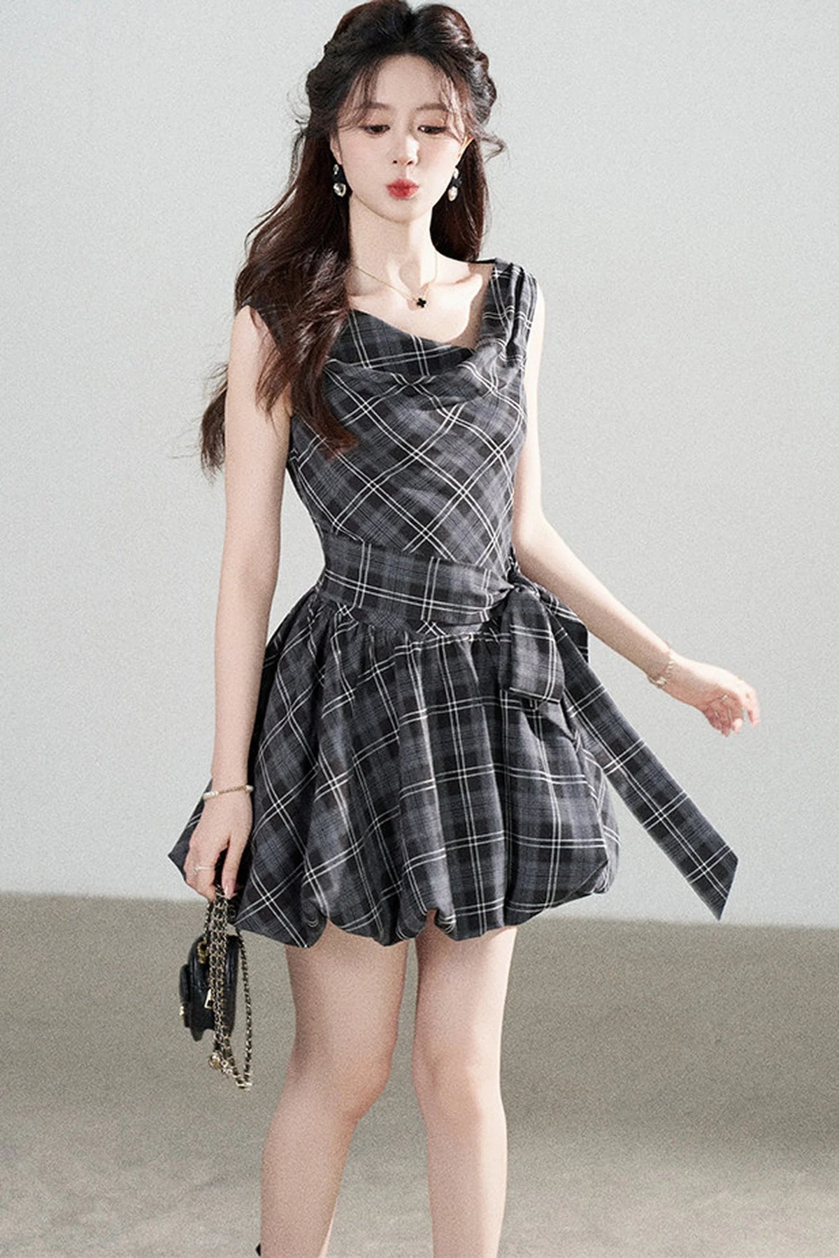 Black Plaid Sleeveless Bow Petal Hem Dress