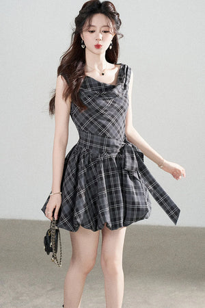 Black Plaid Sleeveless Bow Petal Hem Dress