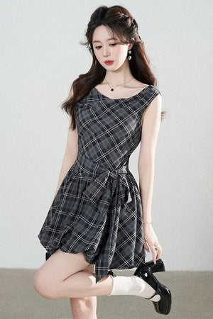 Black Plaid Sleeveless Bow Petal Hem Dress