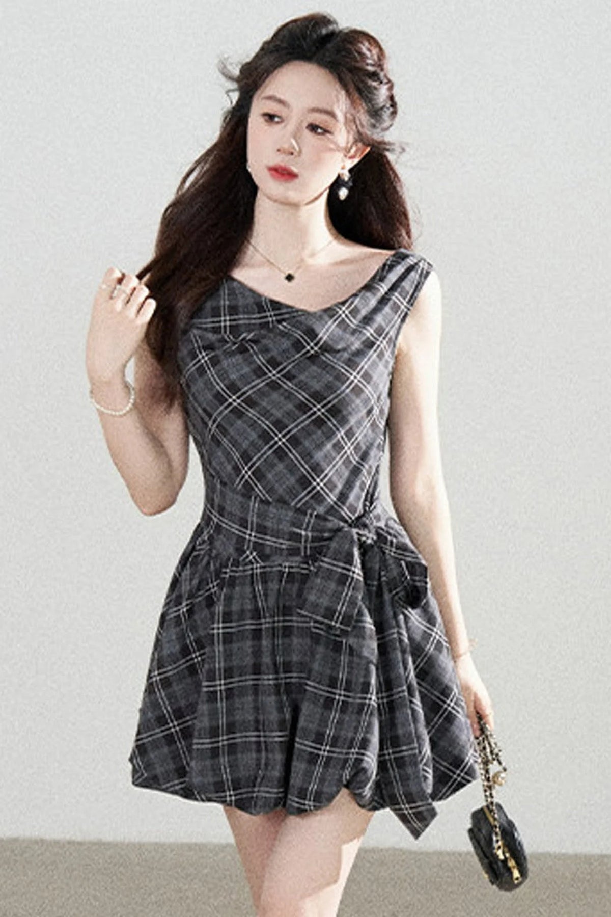Black Plaid Sleeveless Bow Petal Hem Dress