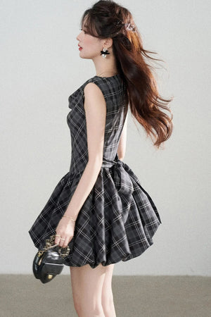 Black Plaid Sleeveless Bow Petal Hem Dress