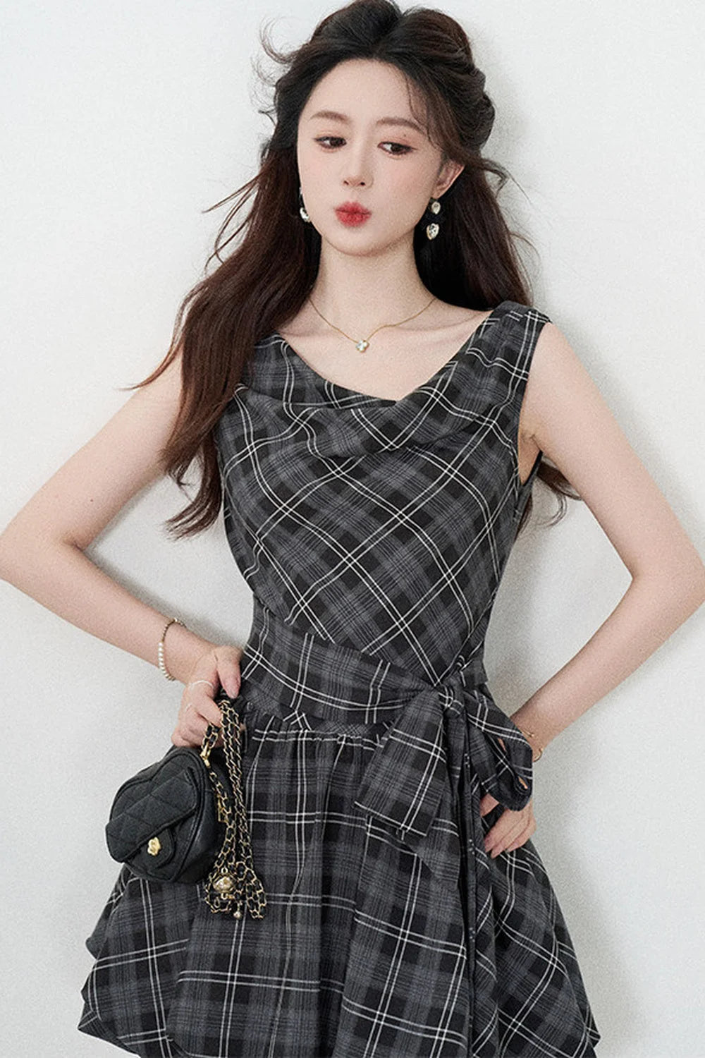 Black Plaid Sleeveless Bow Petal Hem Dress