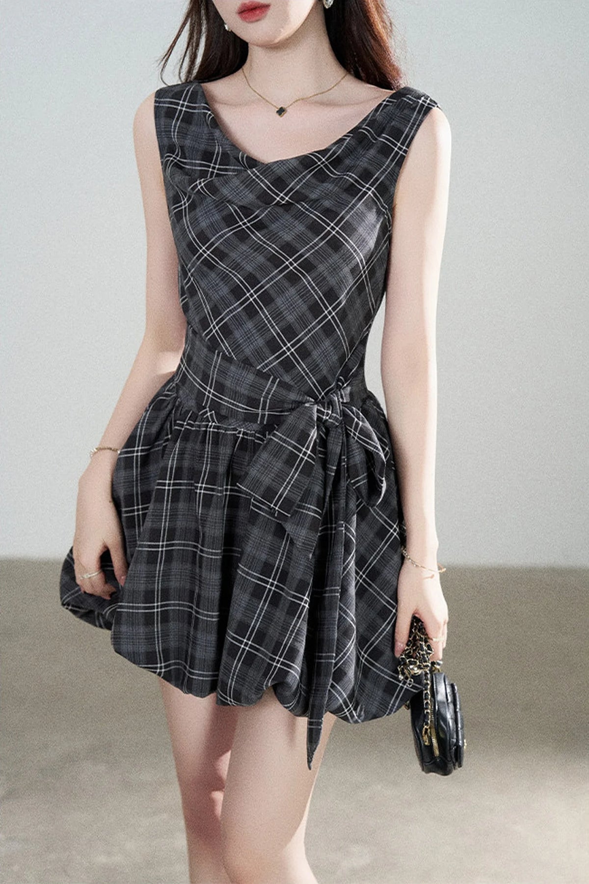 Black Plaid Sleeveless Bow Petal Hem Dress