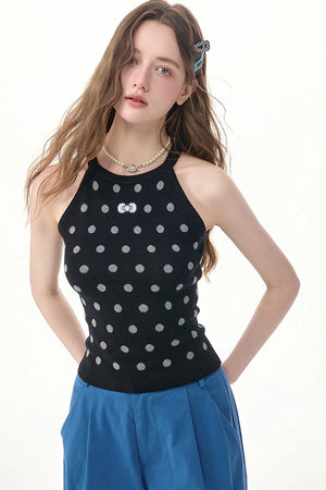 Black Polka Dot Knit Halter Top