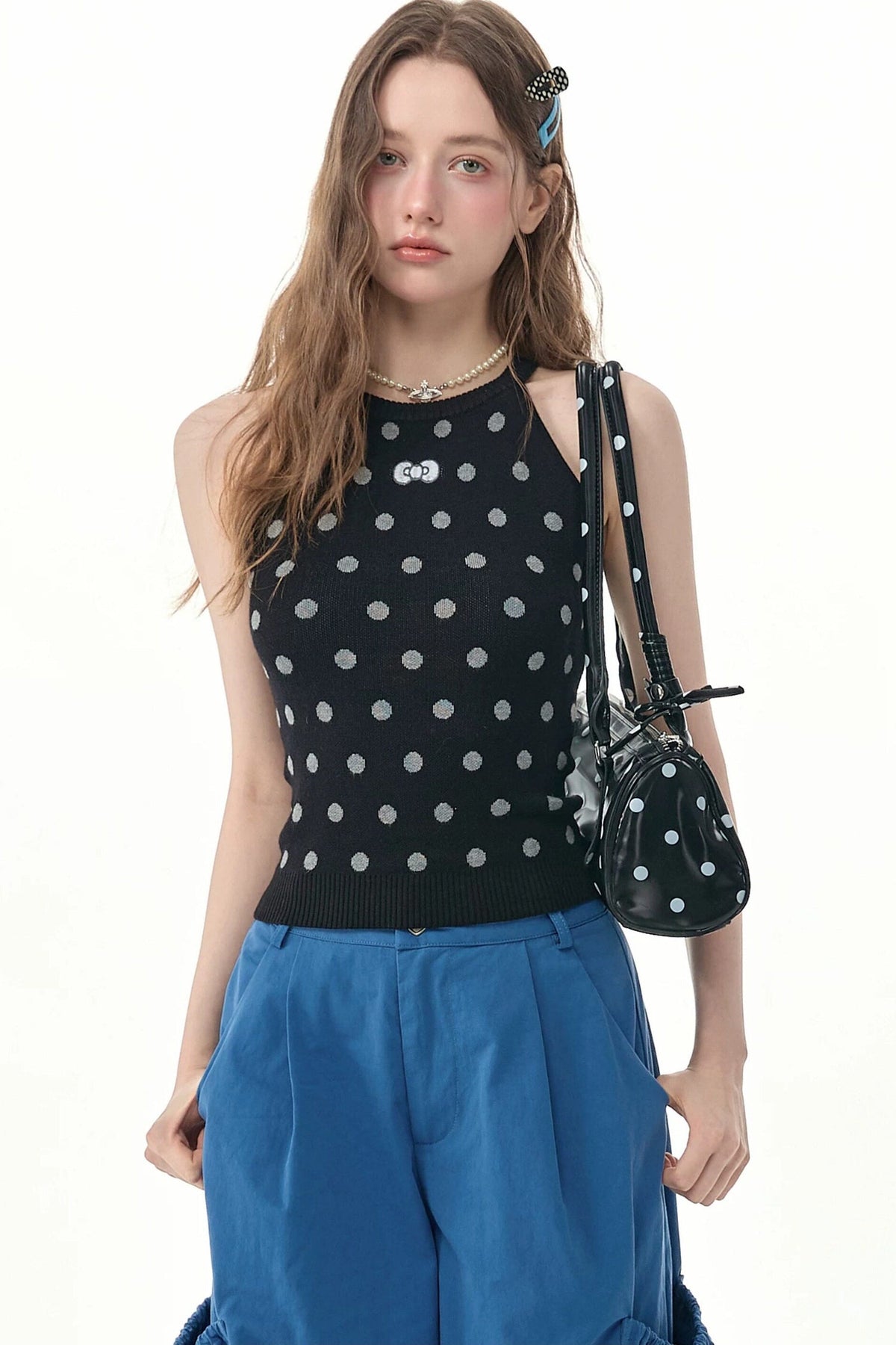 Black Polka Dot Knit Halter Top