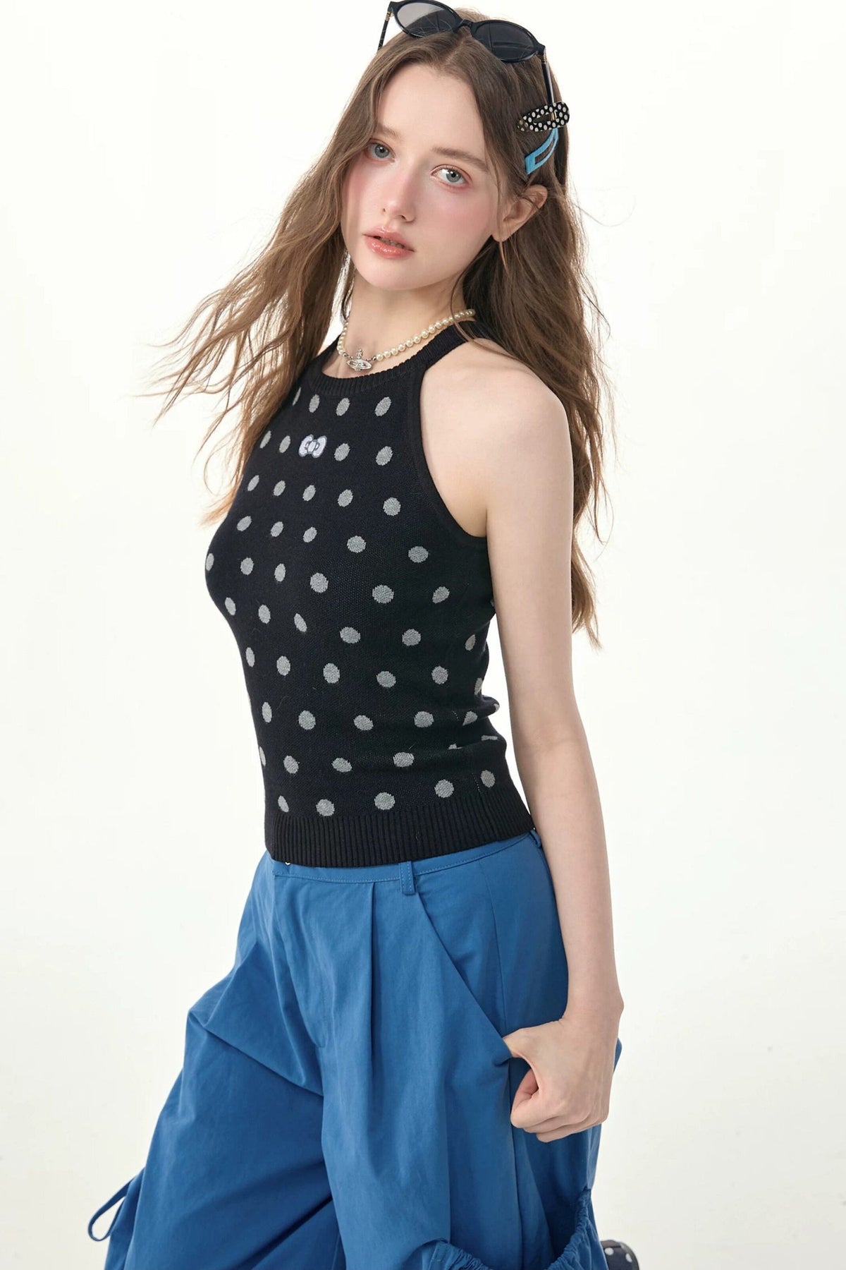 Black Polka Dot Knit Halter Top