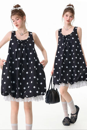 Black Polka Dot Sleeveless Lace Hem Dress