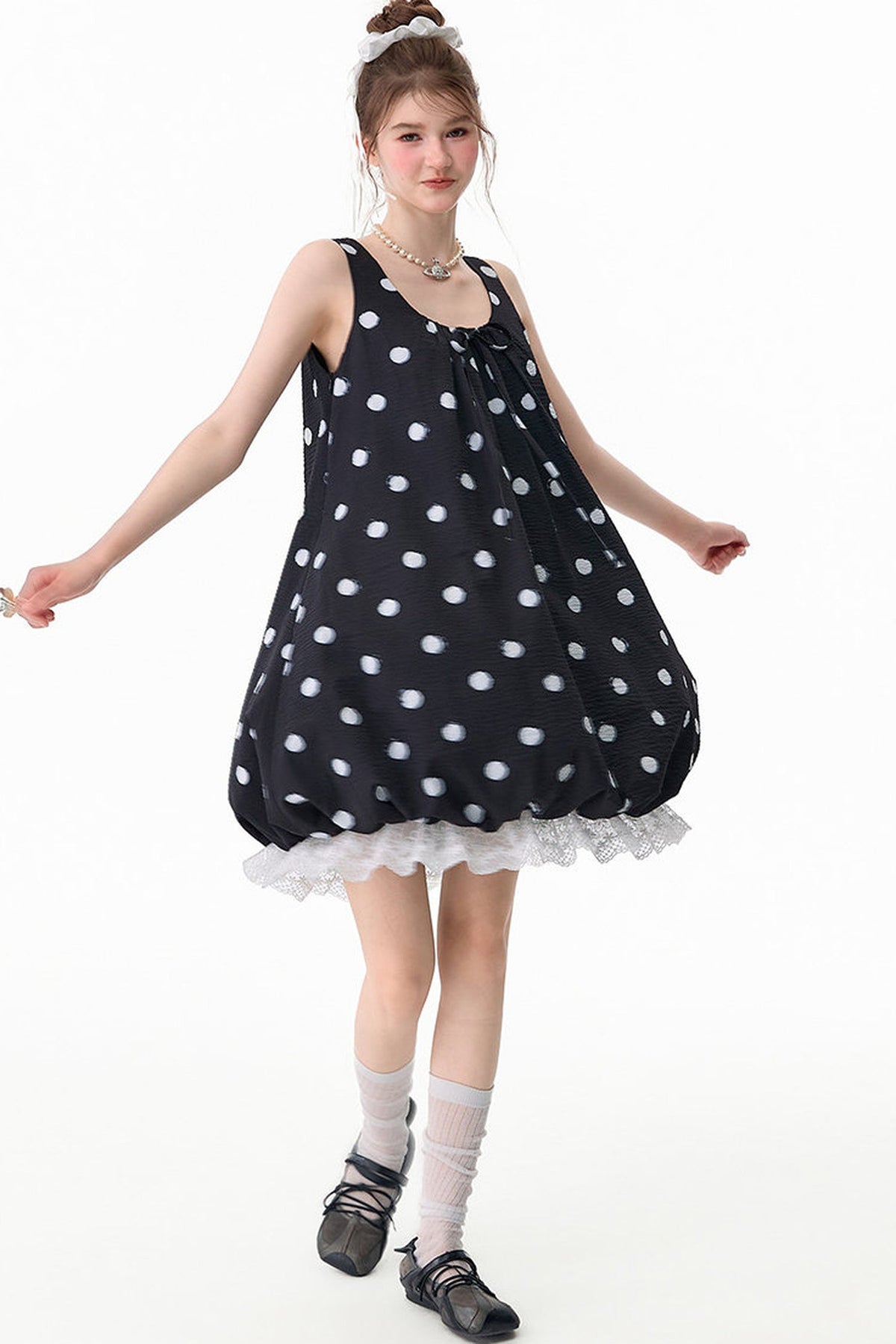 Black Polka Dot Sleeveless Lace Hem Dress