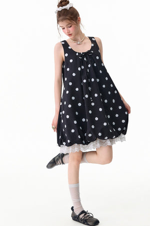 Black Polka Dot Sleeveless Lace Hem Dress