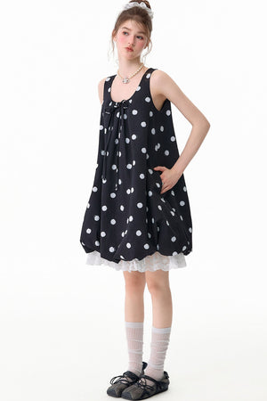 Black Polka Dot Sleeveless Lace Hem Dress