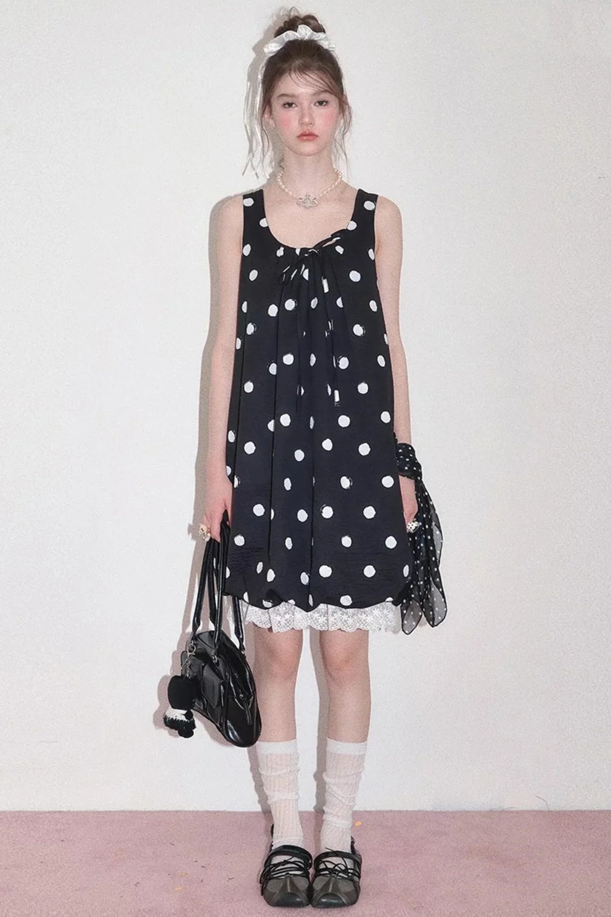 Black Polka Dot Sleeveless Lace Hem Dress