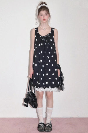 Black Polka Dot Sleeveless Lace Hem Dress