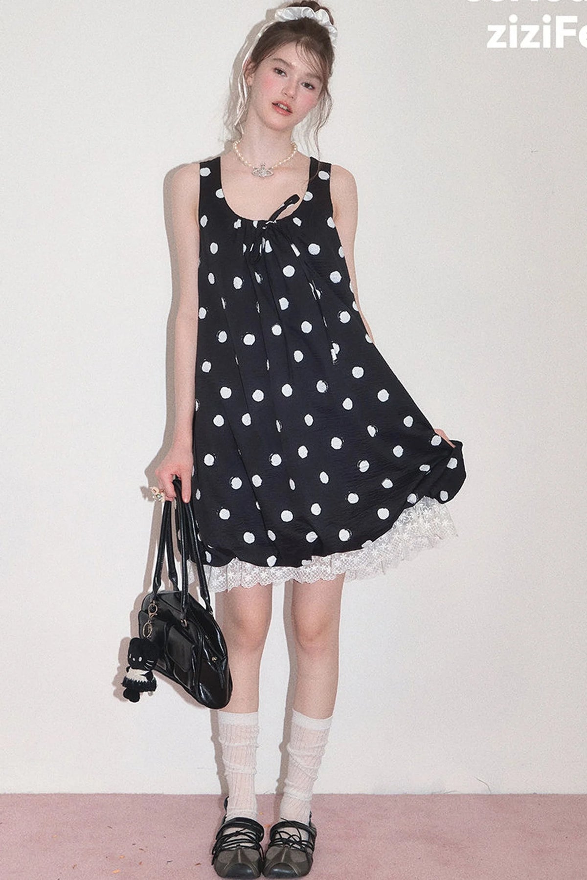 Black Polka Dot Sleeveless Lace Hem Dress