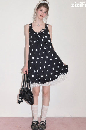 Black Polka Dot Sleeveless Lace Hem Dress